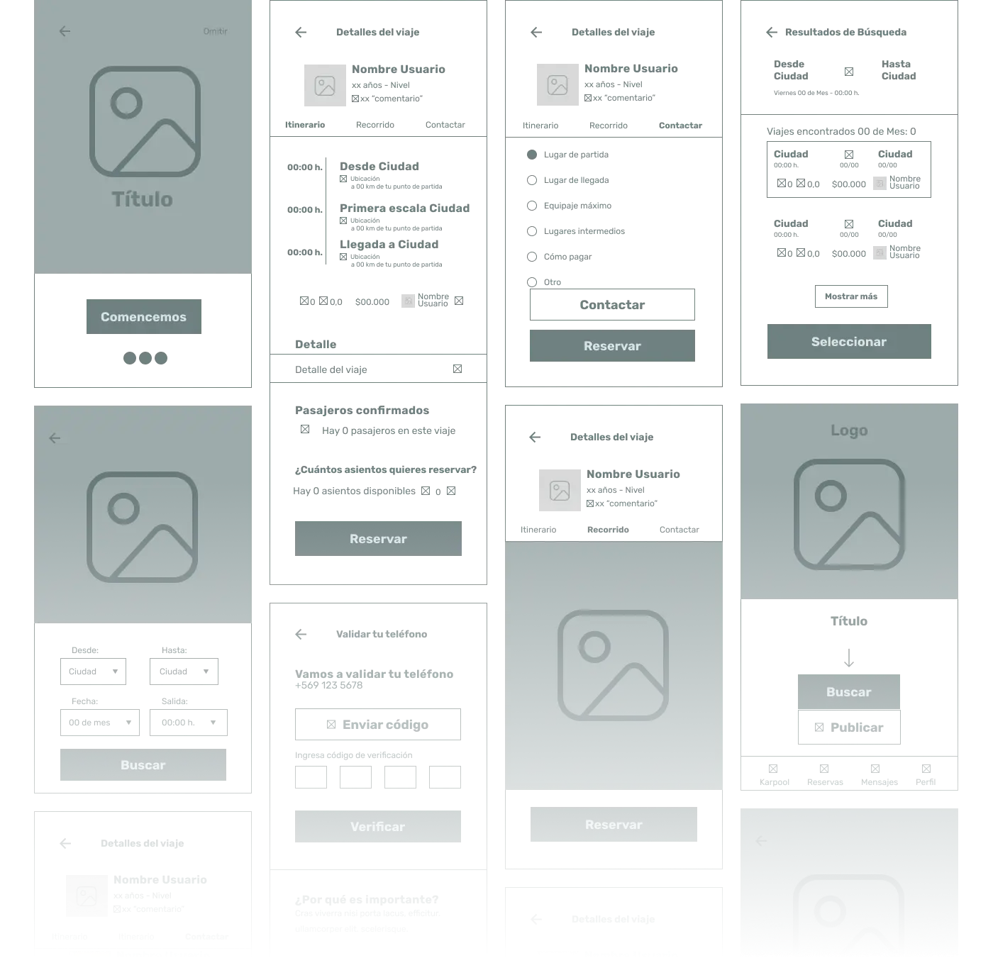 Conjunto de wireframes en formato móvil