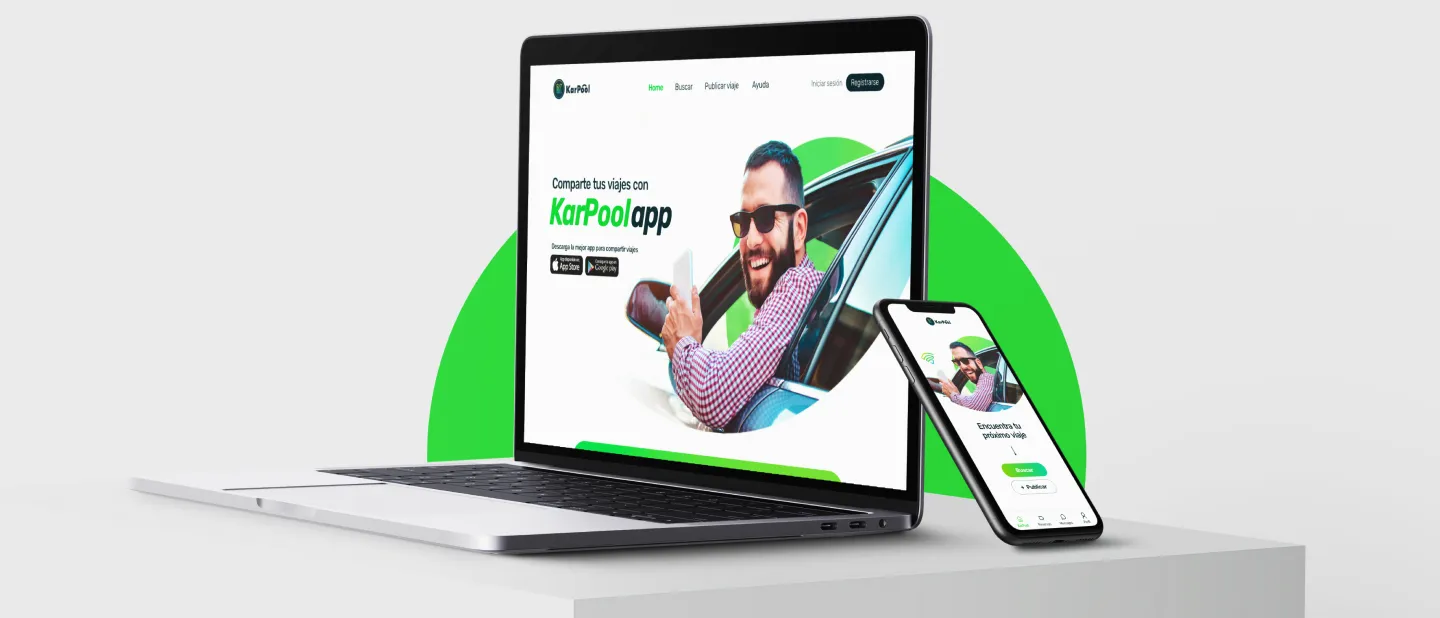 Portada del proyecto que muestra la página principal de Karpool en una laptop y la app móvil en teléfono.