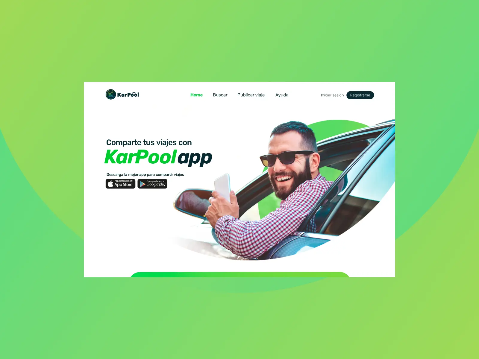 Vista del resultado final de la web de escritorio donde se muestra la pantalla de inicio sobre un fondo verde