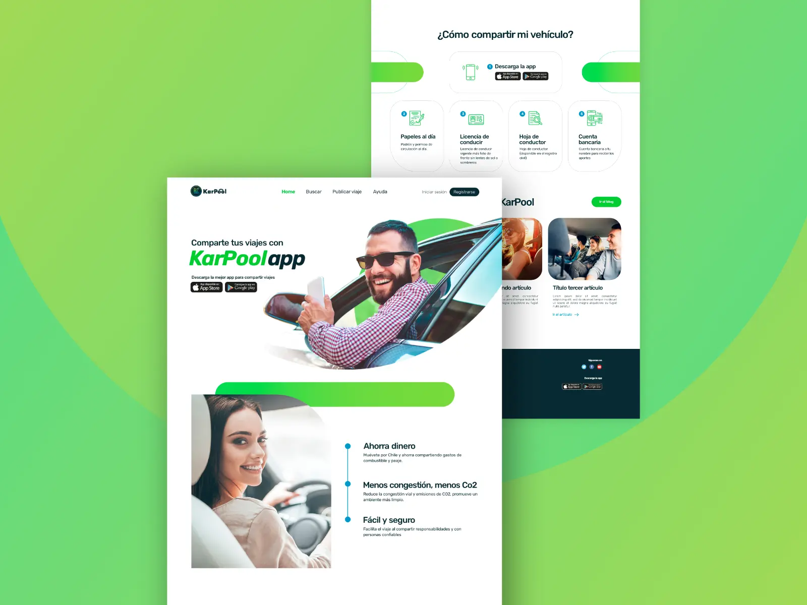 Vista del resultado final de la web de escritorio donde se muestra la pantalla de inicio completa sobre un fondo verde