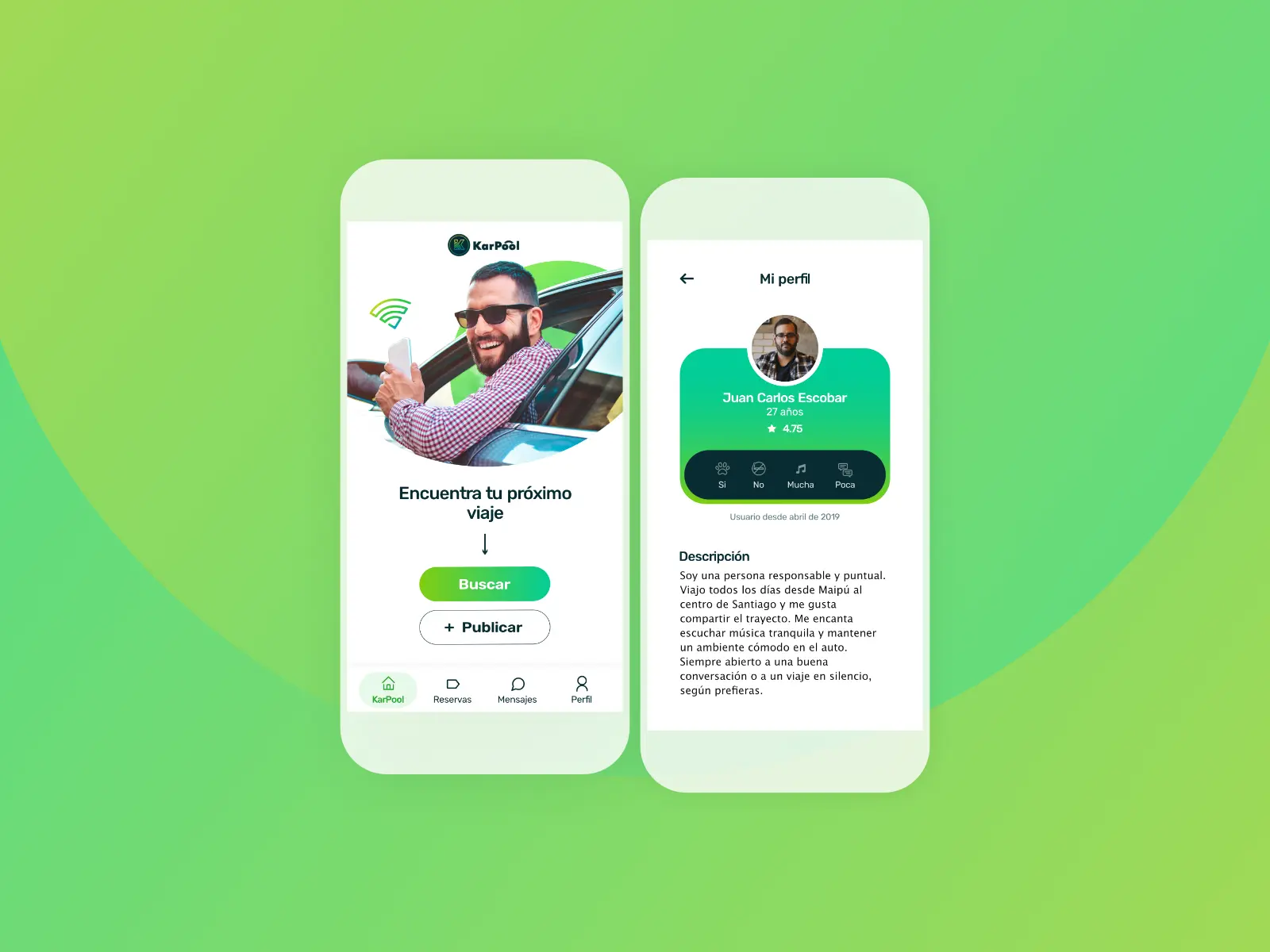 Vista del resultado final de la app donde se muestran las pantallas de inicio y perfil sobre un fondo verde