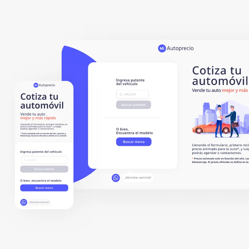 Mockup de la plataforma de cotización de vehículos mi autoprecio, mostrando su interfaz en una pantalla de escritorio y una pantalla de teléfono móvil