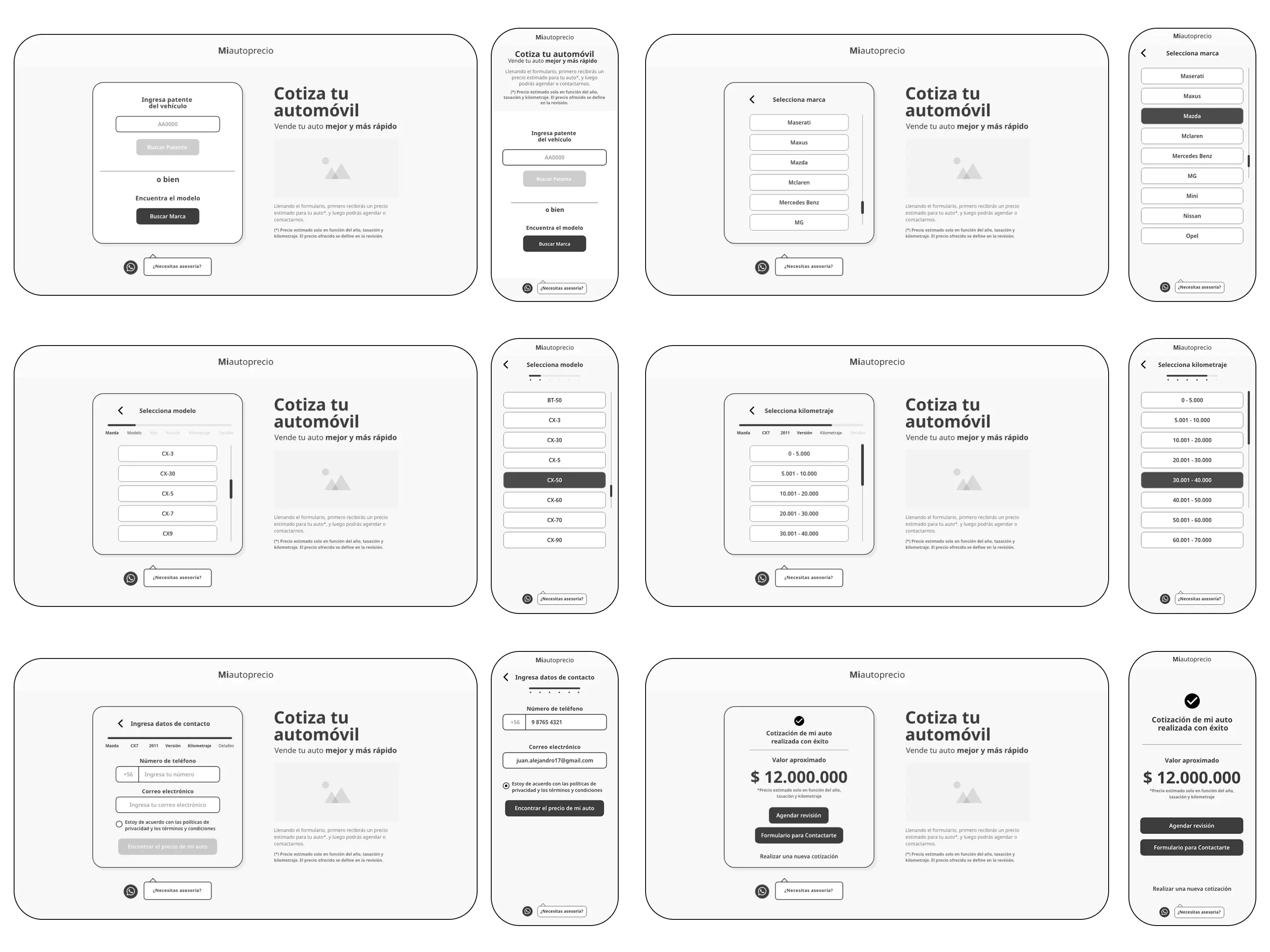 Wireframes en formato de escritorio y móvil