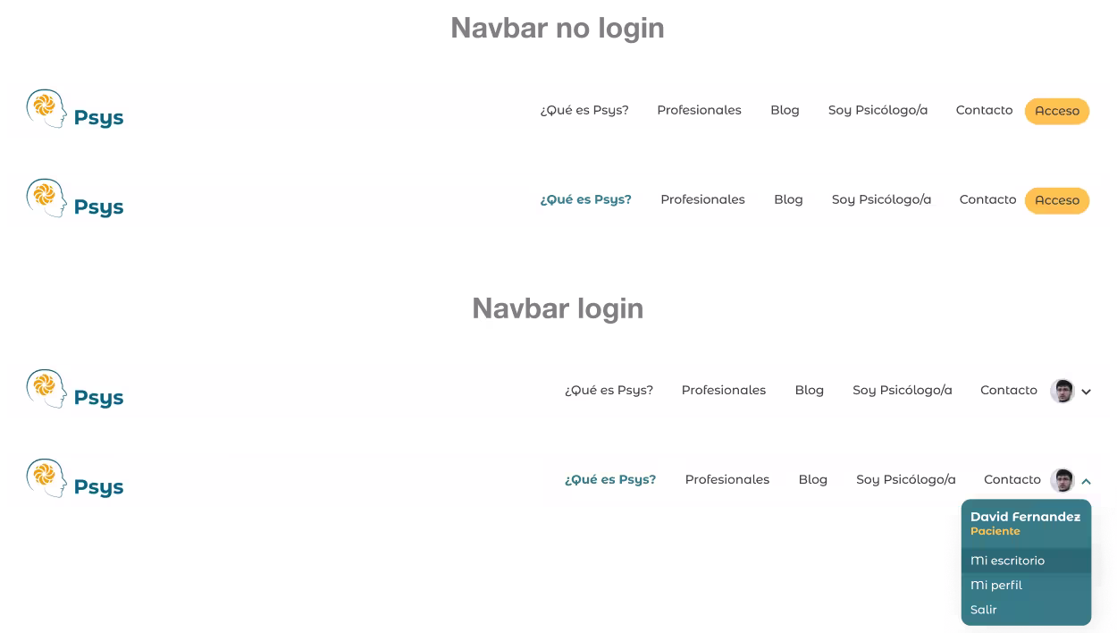 Barra de navegación web desplegada de Psys