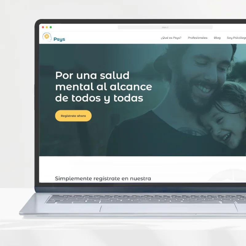 Mockup de la plataforma web de psicología Psys, mostrando la pantalla de inicio en un laptop