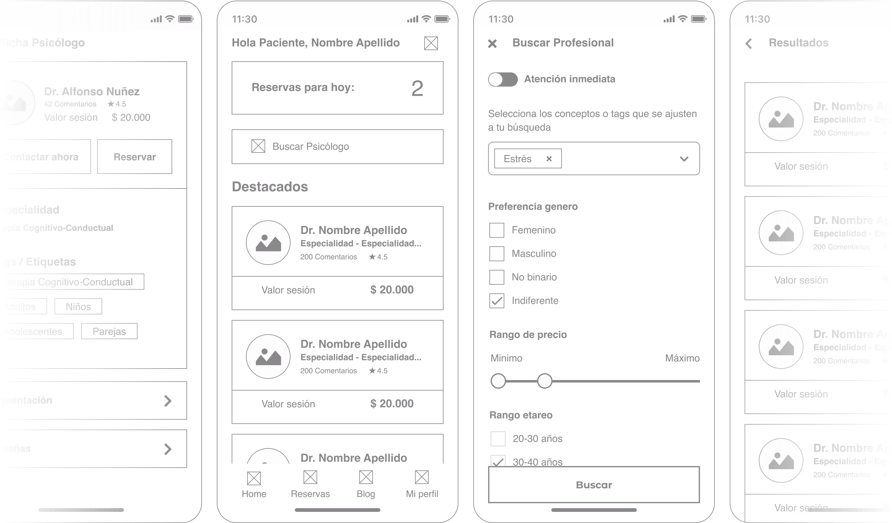 Conjunto de wireframes en formato móvil